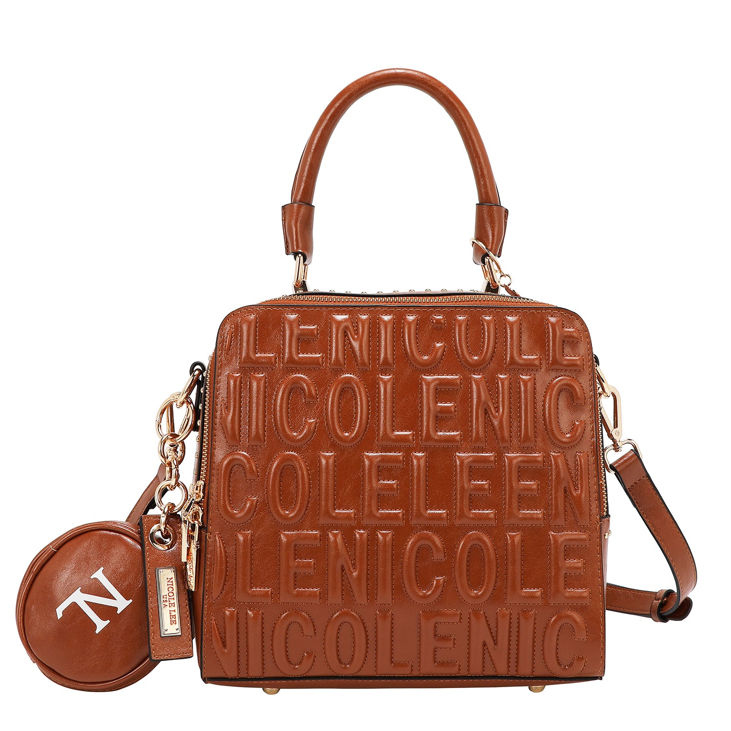 SQUARE HANDBAG WITH EMBOSSED LOGO (BROWN)