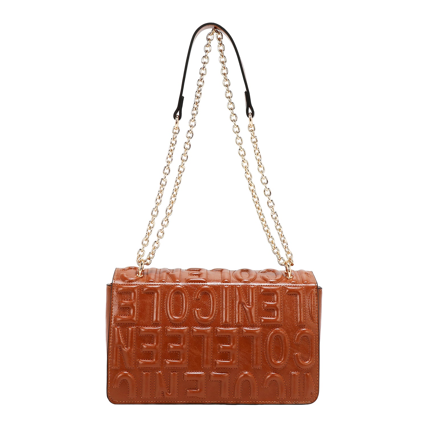 SHOULDER BAG WITH CHAIN AND EMBOSSED LOGO (BROWN)