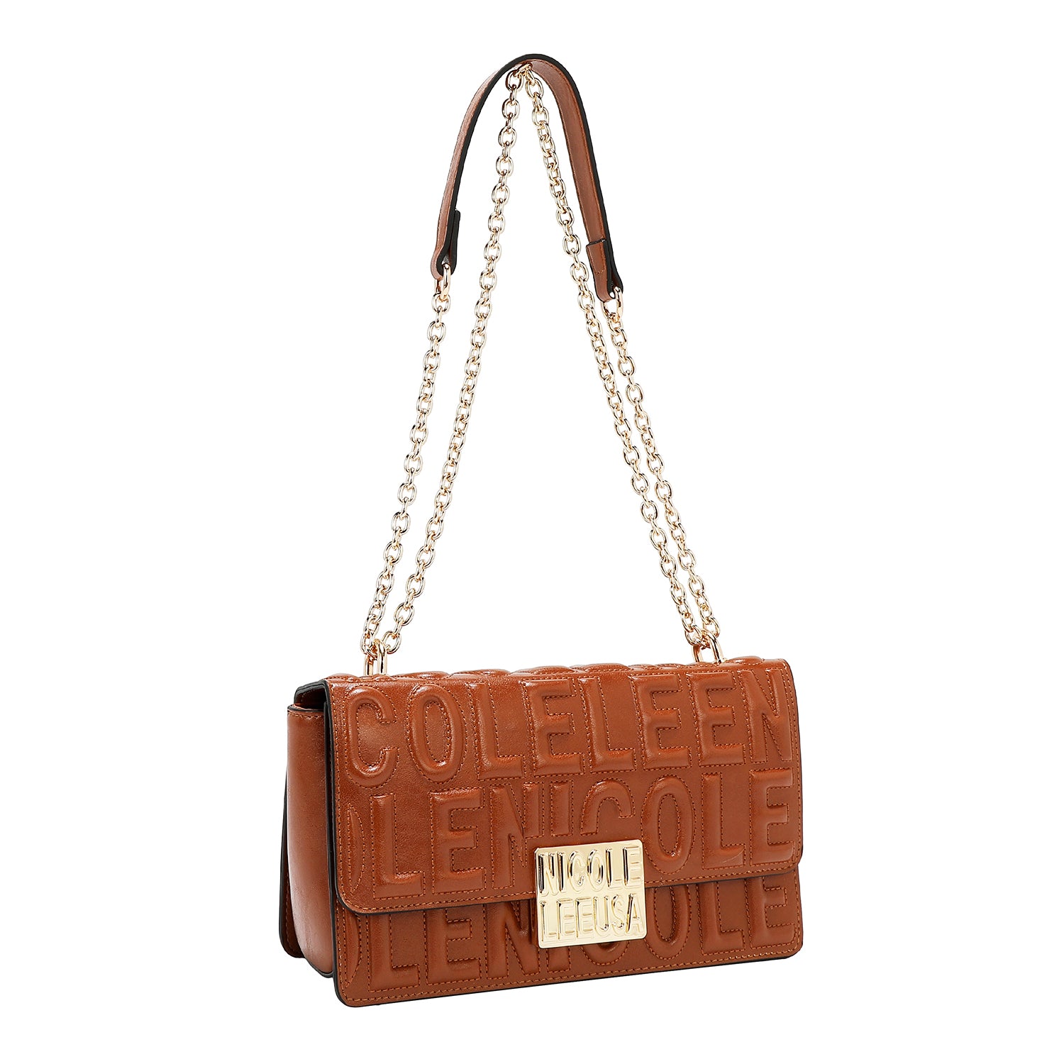 SHOULDER BAG WITH CHAIN AND EMBOSSED LOGO (BROWN)