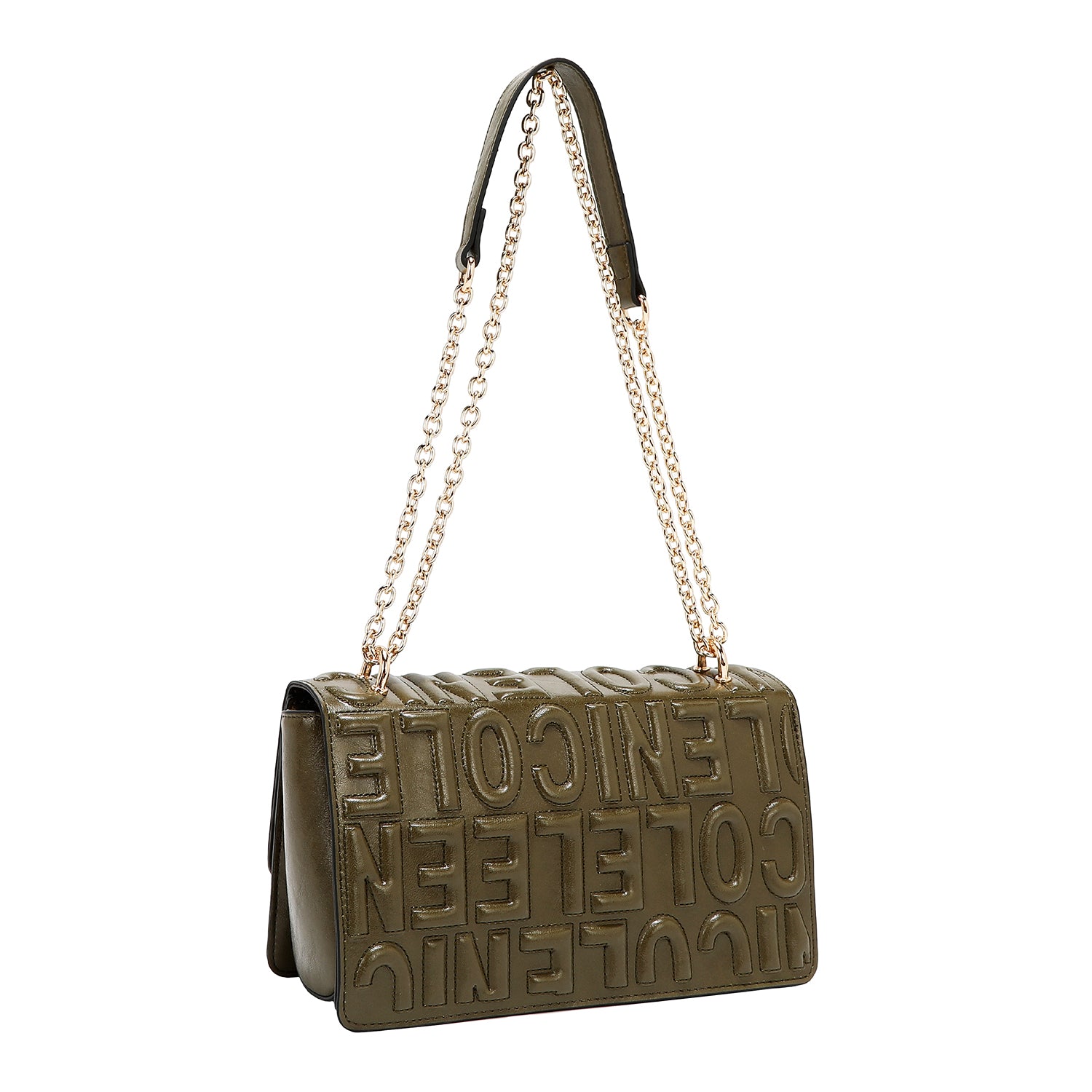 SHOULDER BAG WITH CHAIN AND EMBOSSED LOGO (OLIVE)