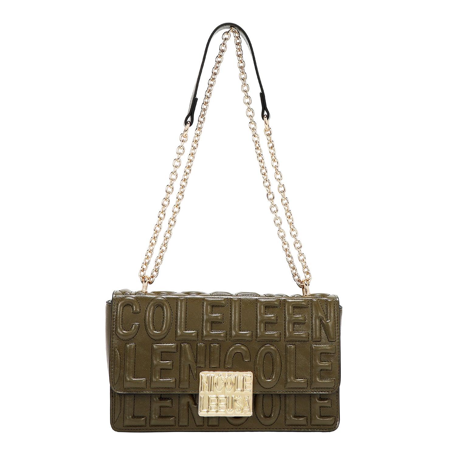 SHOULDER BAG WITH CHAIN AND EMBOSSED LOGO (OLIVE)