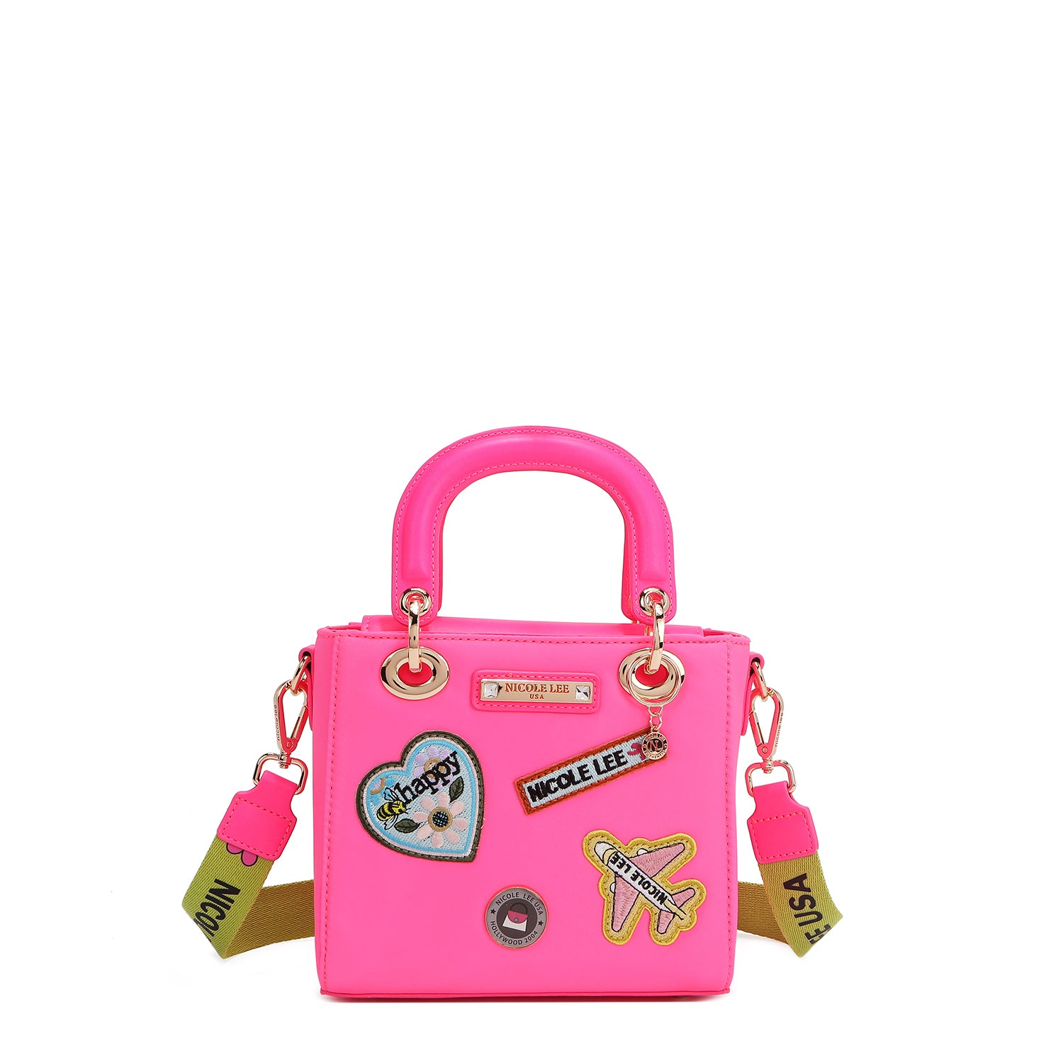 BOLSO DE MANO CON PARCHES DE COLORES (ROSA)