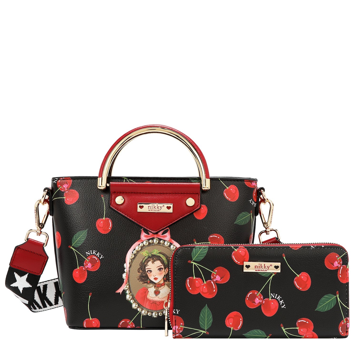 CONJUNTO DE 3 PIEZAS (SATCHEL, BANDOLERA, CARTERA) (CHERRY LIPS-BLACK)