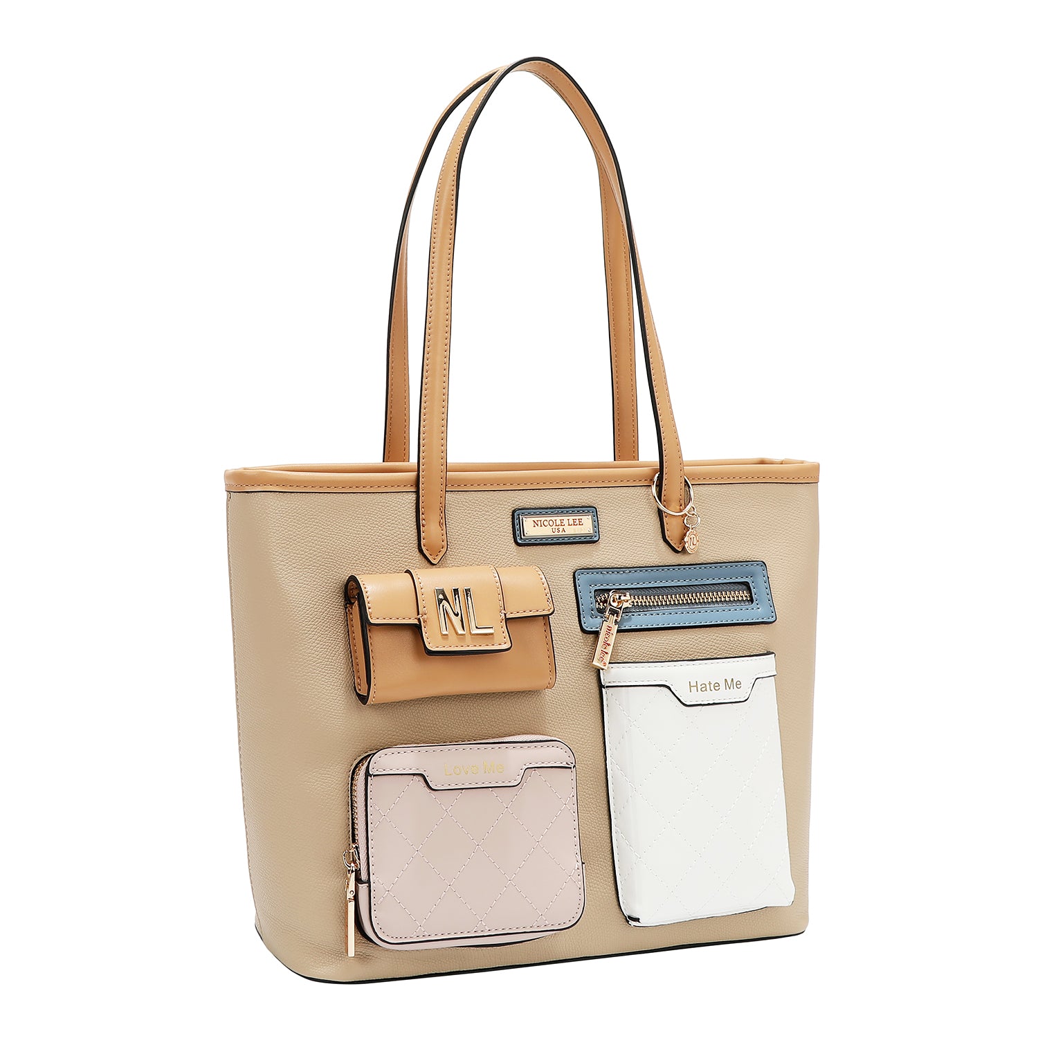 Shopper bag with pocket and color blocks (Taupe)