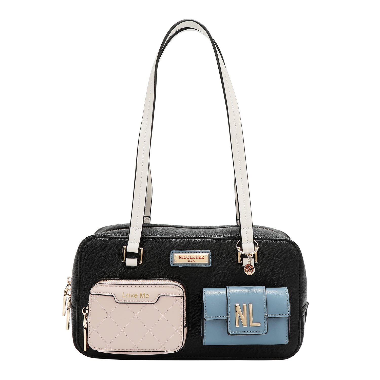 Borsa a tracolla con tasca e blocchi di colore (nero)