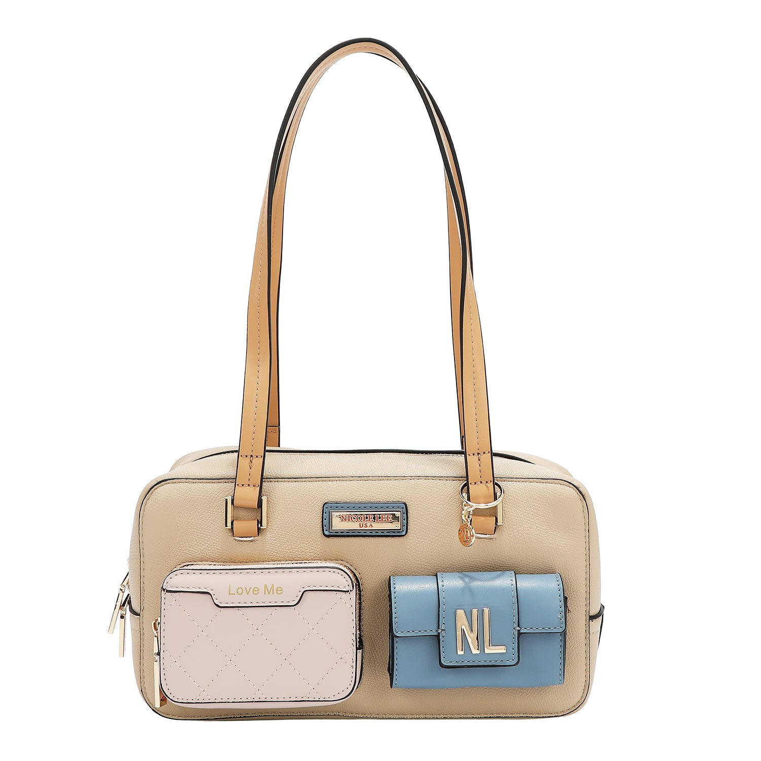 Shoulder bag with pocket and color blocks (Taupe)
