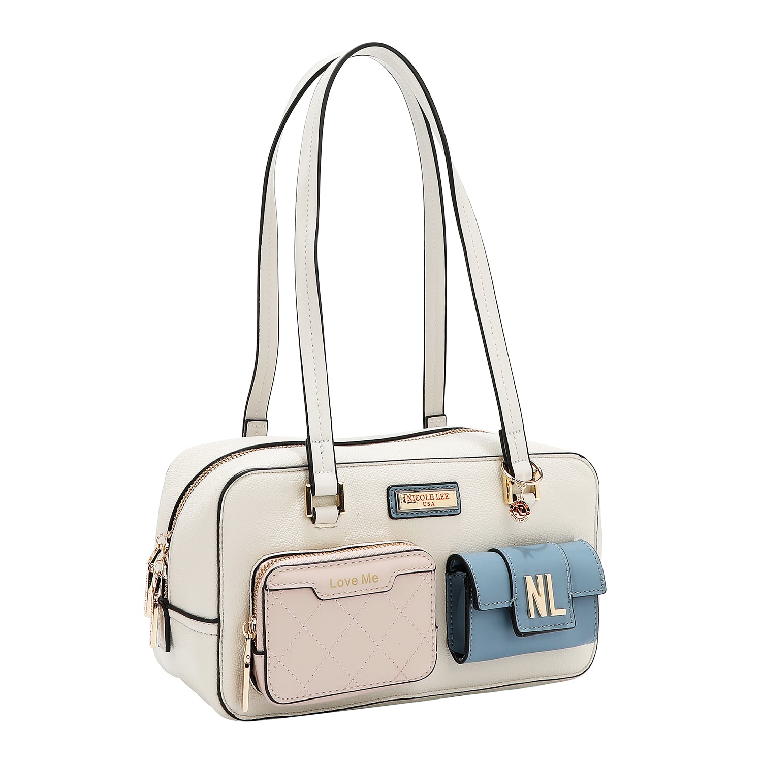 Shoulder bag with pocket and color blocks (white)