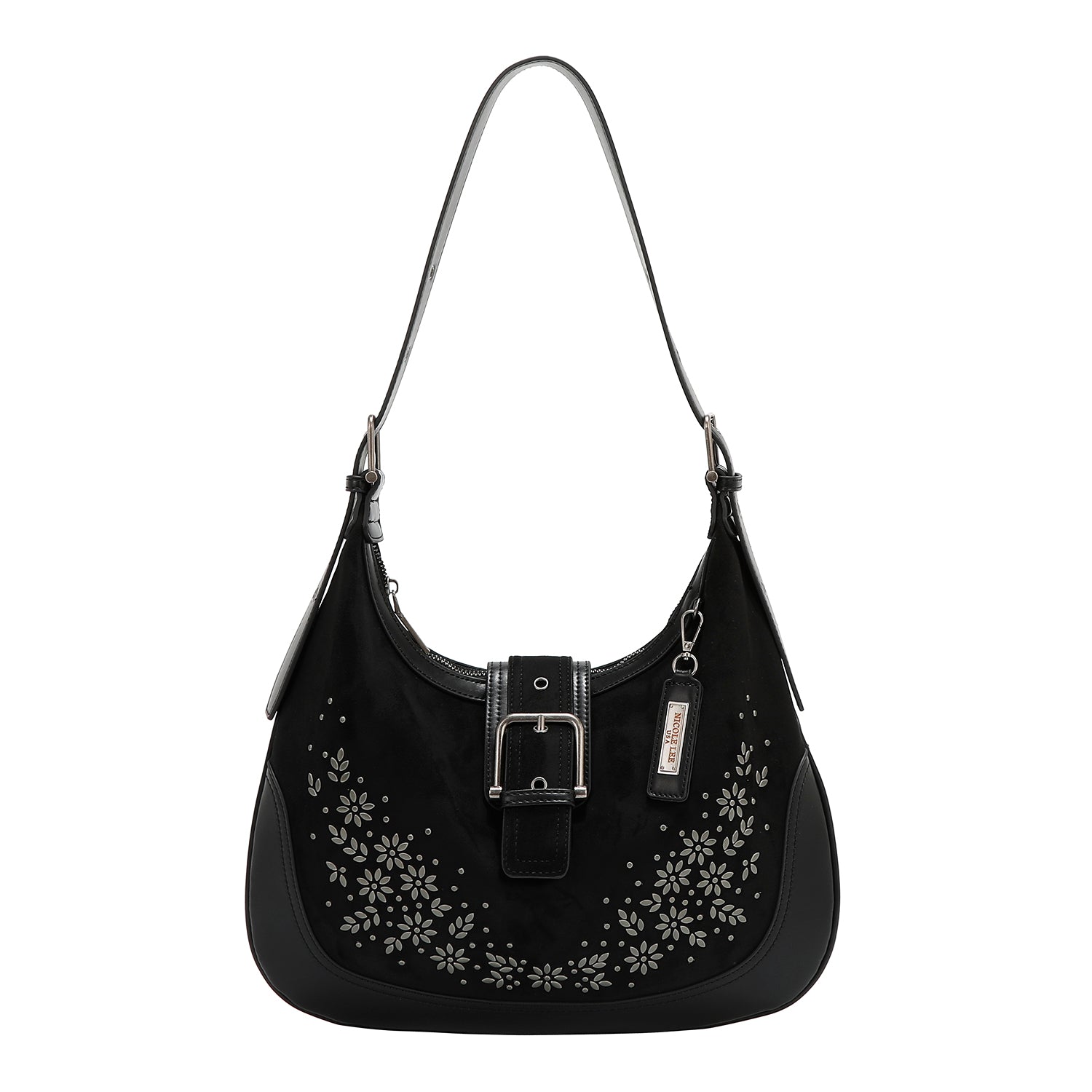 UMHÄNGETASCHE MIT BLUMENDESIGN IN FORM EINES HALBMONDS (SCHWARZ)