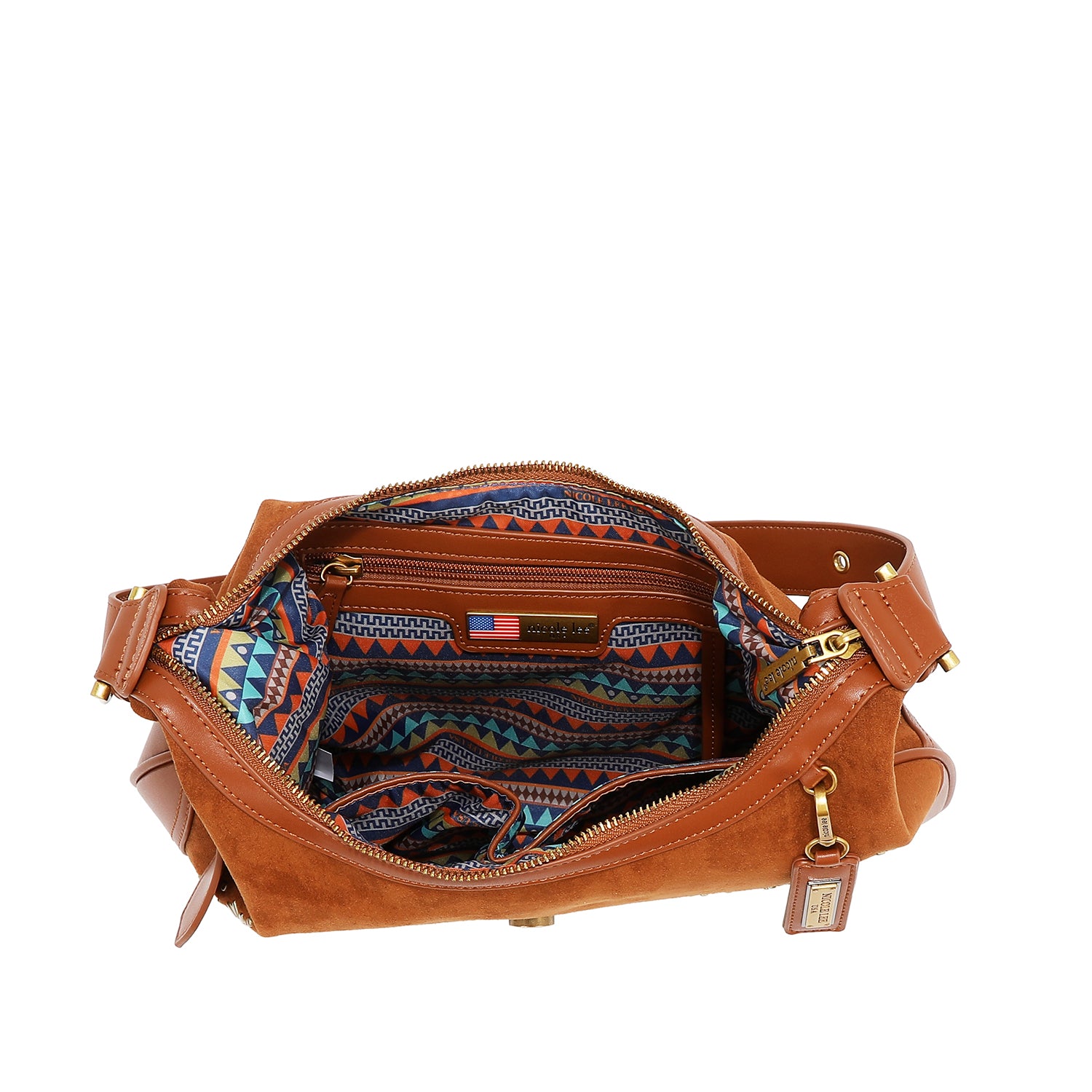 SHOULDER BAG WITH FLORAL DESIGN IN THE SHAPE OF A HALF MOON (BLACK)