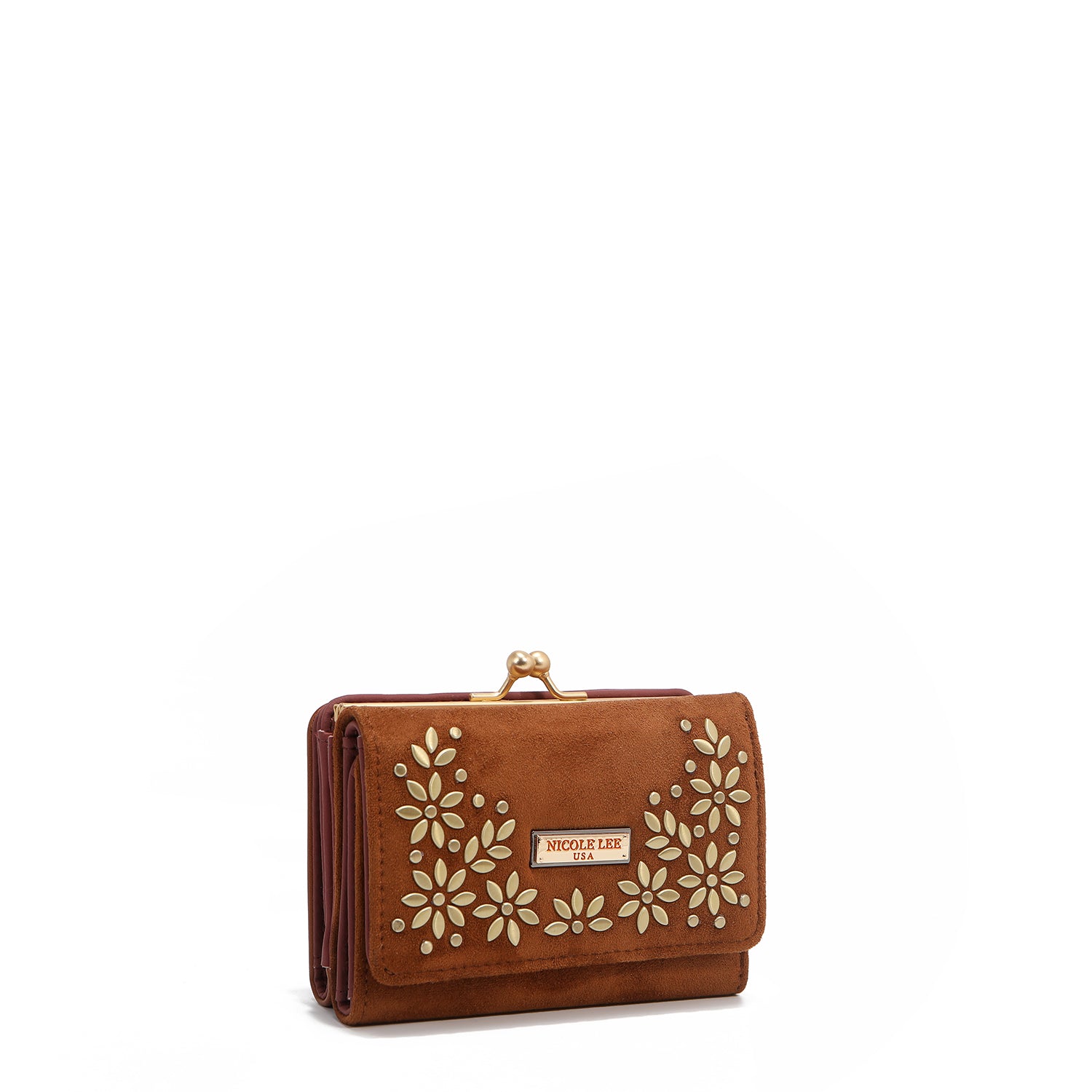 COMPACT WALLET WITH FLORAL LEAF PRINT (BROWN)