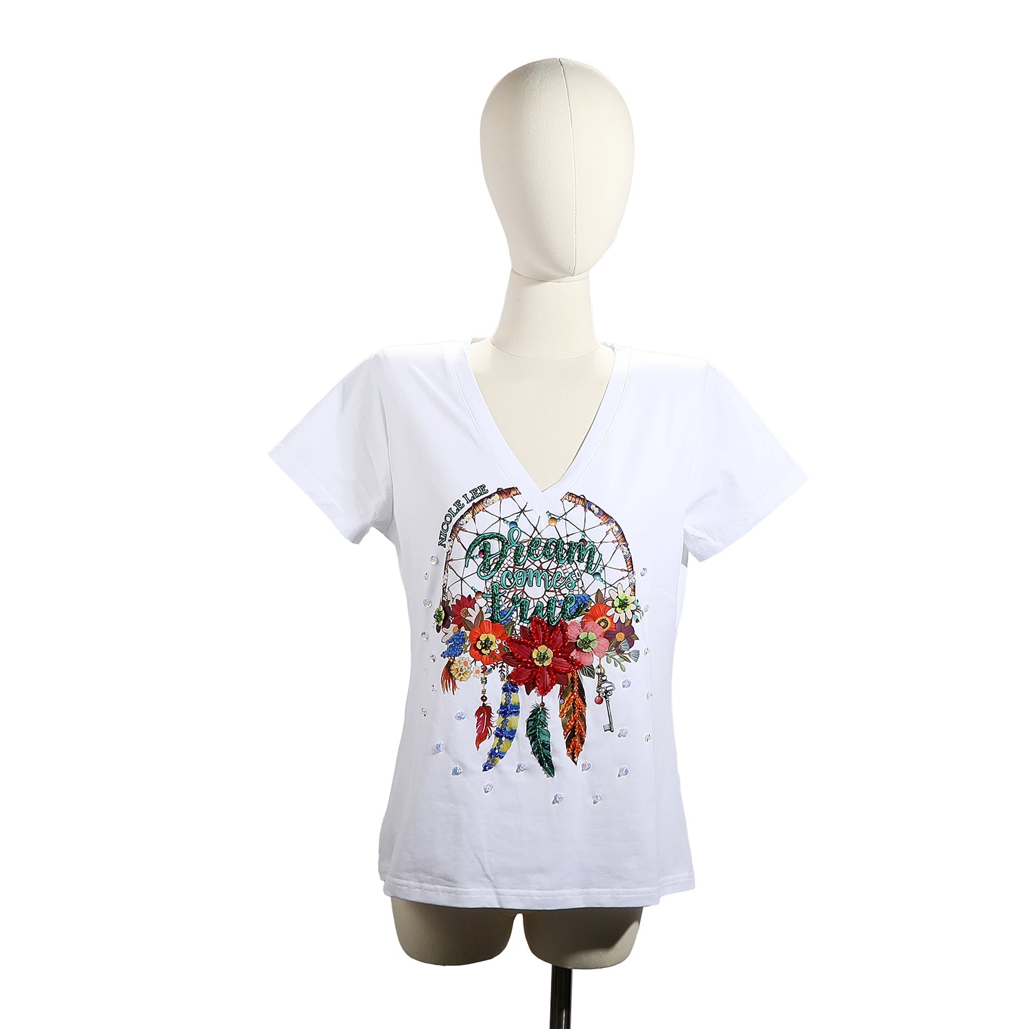 T-SHIRT ALLA MODA CON SCOLLO A V (<tc>DREAM COMES TRUE</tc> NERO)