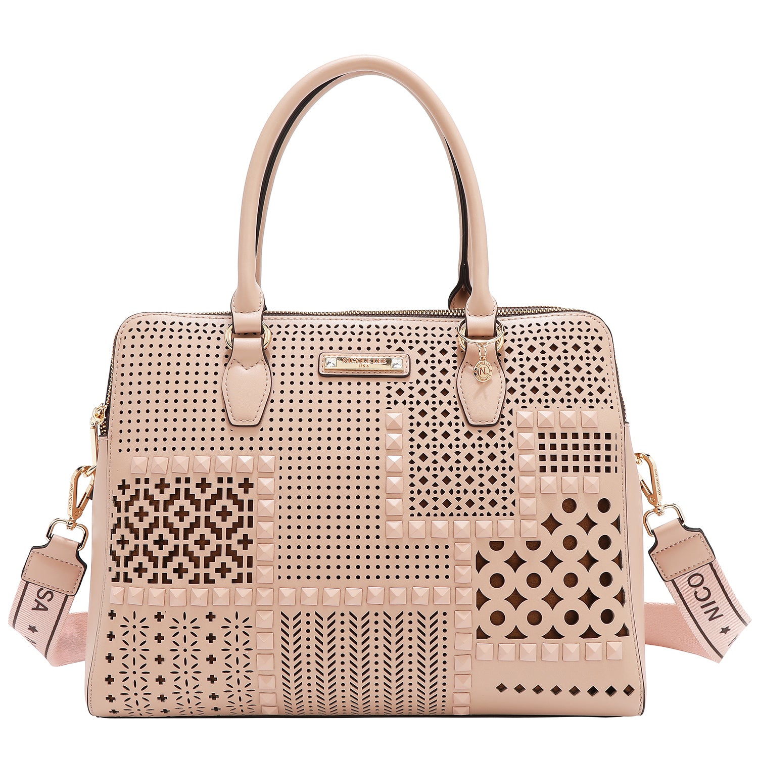 Hand bag with geometric cuts (pink)