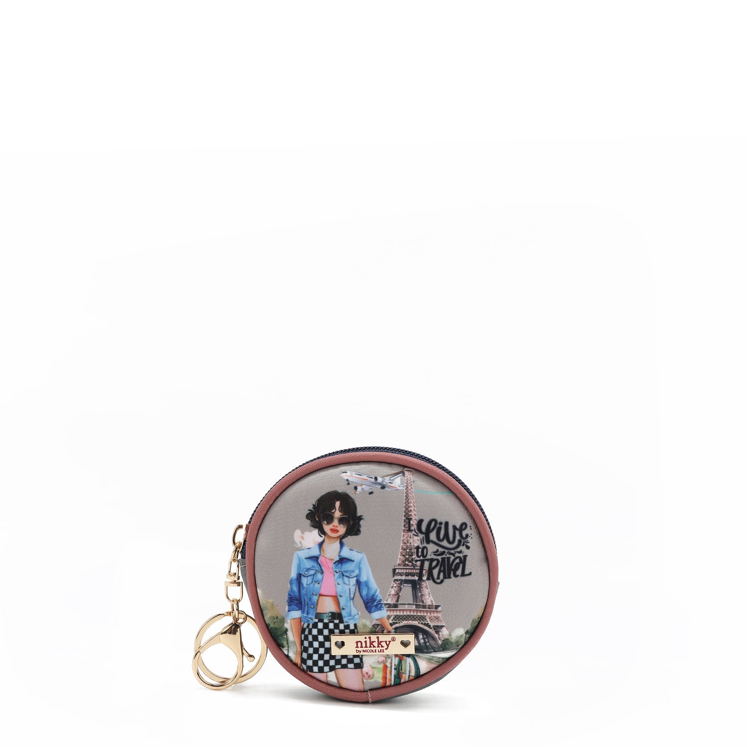 PORTE-CLÉS AVEC PORTE-MONNAIE ROND (<tc>I LIVE TO TRAVEL</tc>)