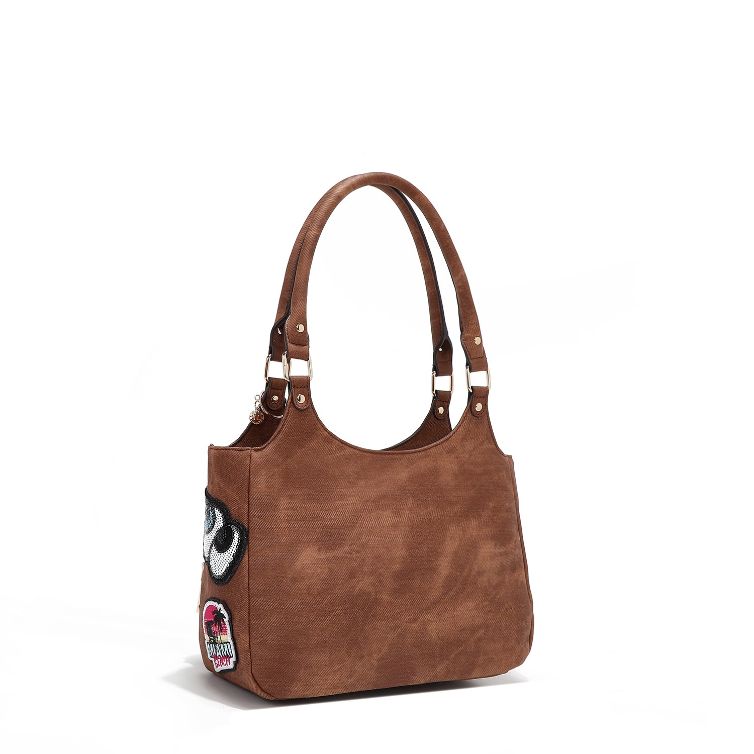 BOLSO DE HOMBRO CON MÚLTIPLES PARCHES (MARRON)
