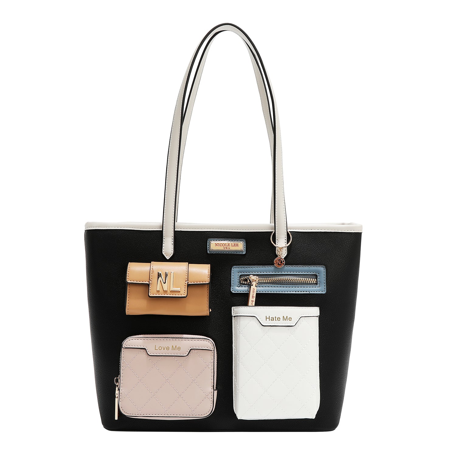 Shopper bag with pocket and color blocks (black)