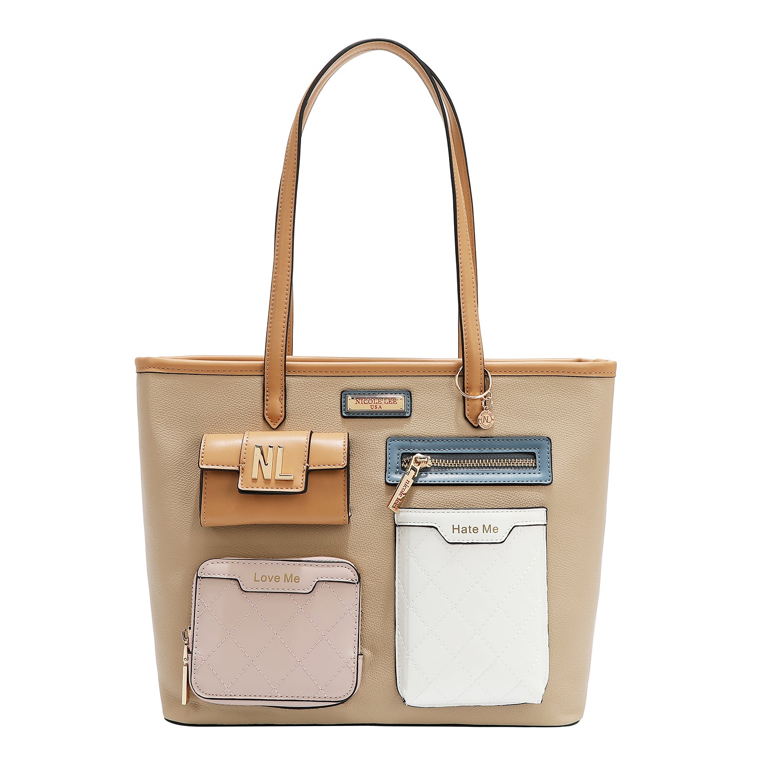 Shopper bag with pocket and color blocks (Taupe)