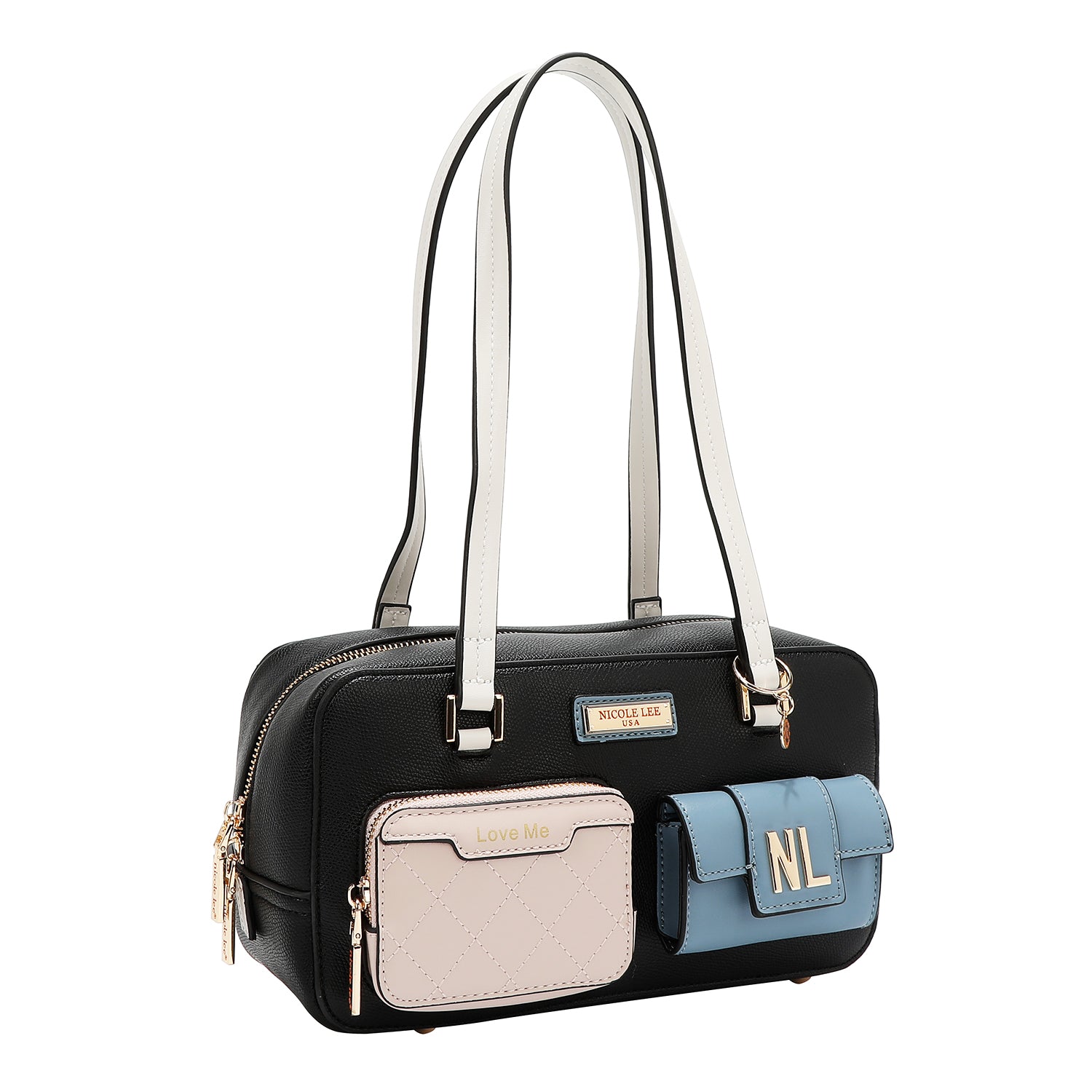 Shoulder bag with pocket and color blocks (black)