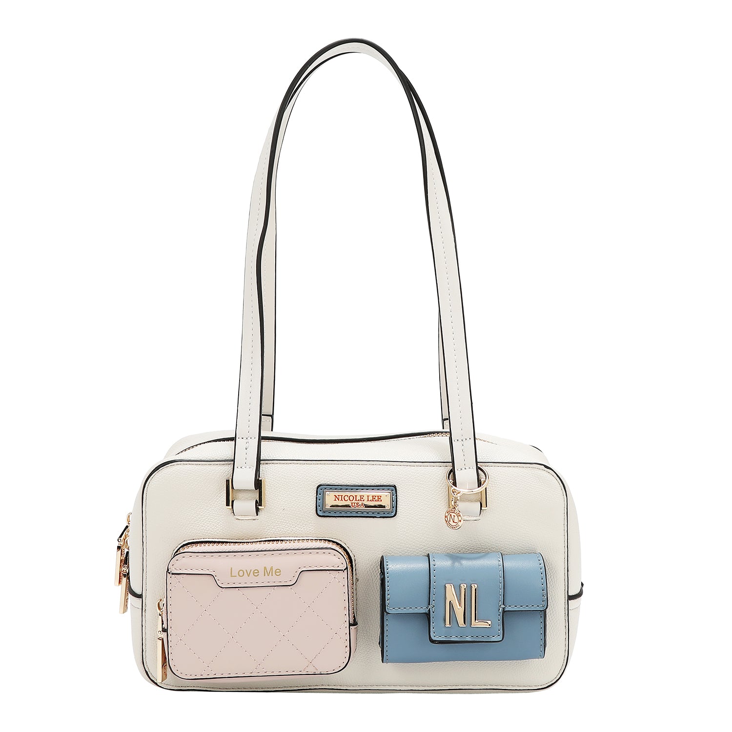 Shoulder bag with pocket and color blocks (white)