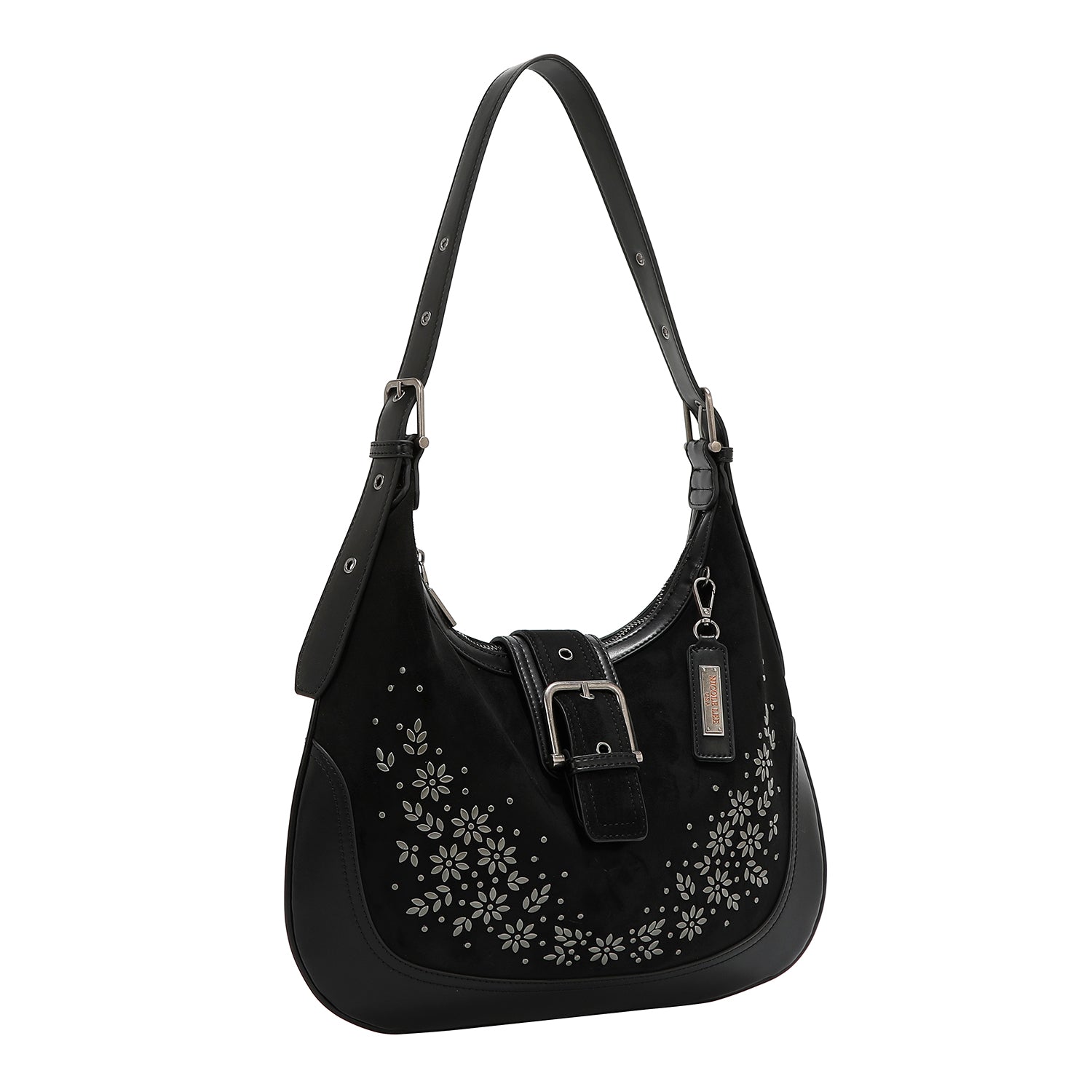 UMHÄNGETASCHE MIT BLUMENDESIGN IN FORM EINES HALBMONDS (SCHWARZ)