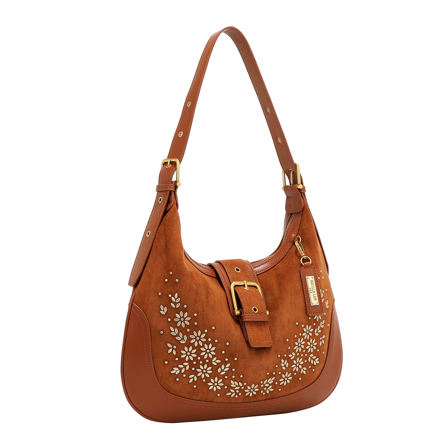 UMHÄNGETASCHE MIT BLUMENDESIGN IN FORM EINES HALBMONDS (BRAUN)