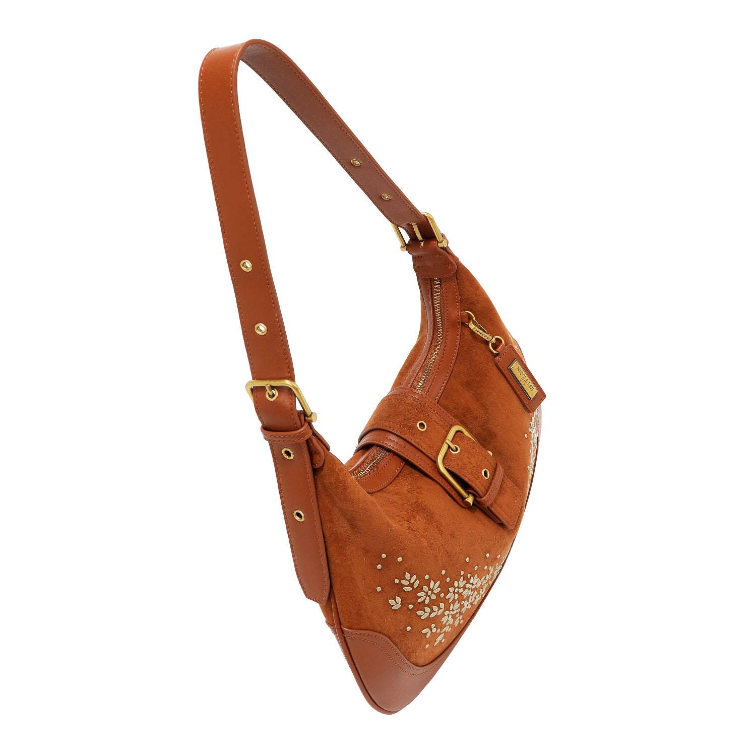 BORSA A TRACOLLA CON DISEGNO FLOREALE A FORMA DI MEZZA LUNA (MARRONE)